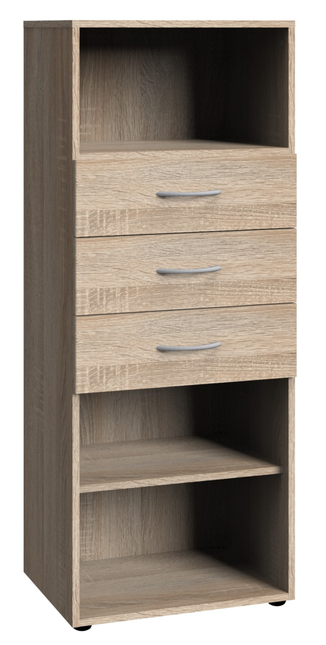 Holzregal mit drei Schubladen und zwei offenen Fächern, frontale Ansicht