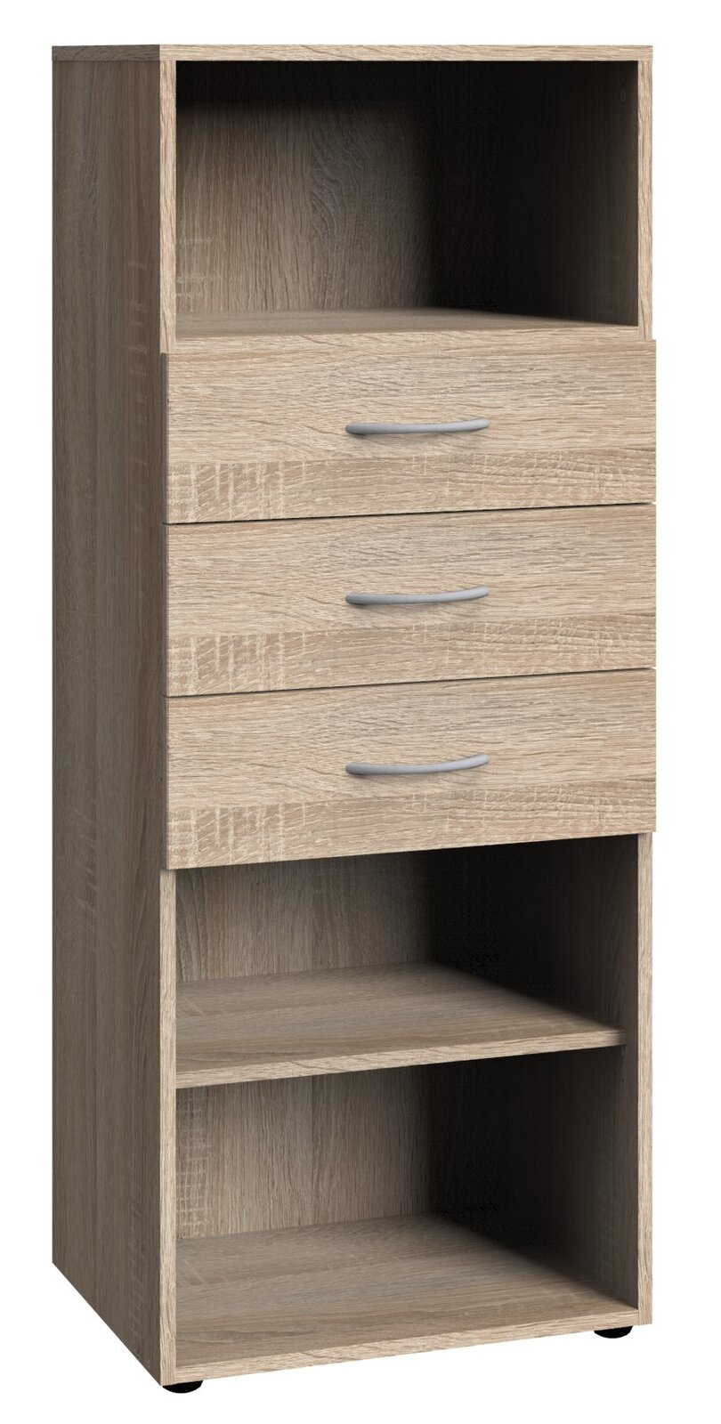 Holzregal mit drei Schubladen und zwei offenen Fächern, frontale Ansicht