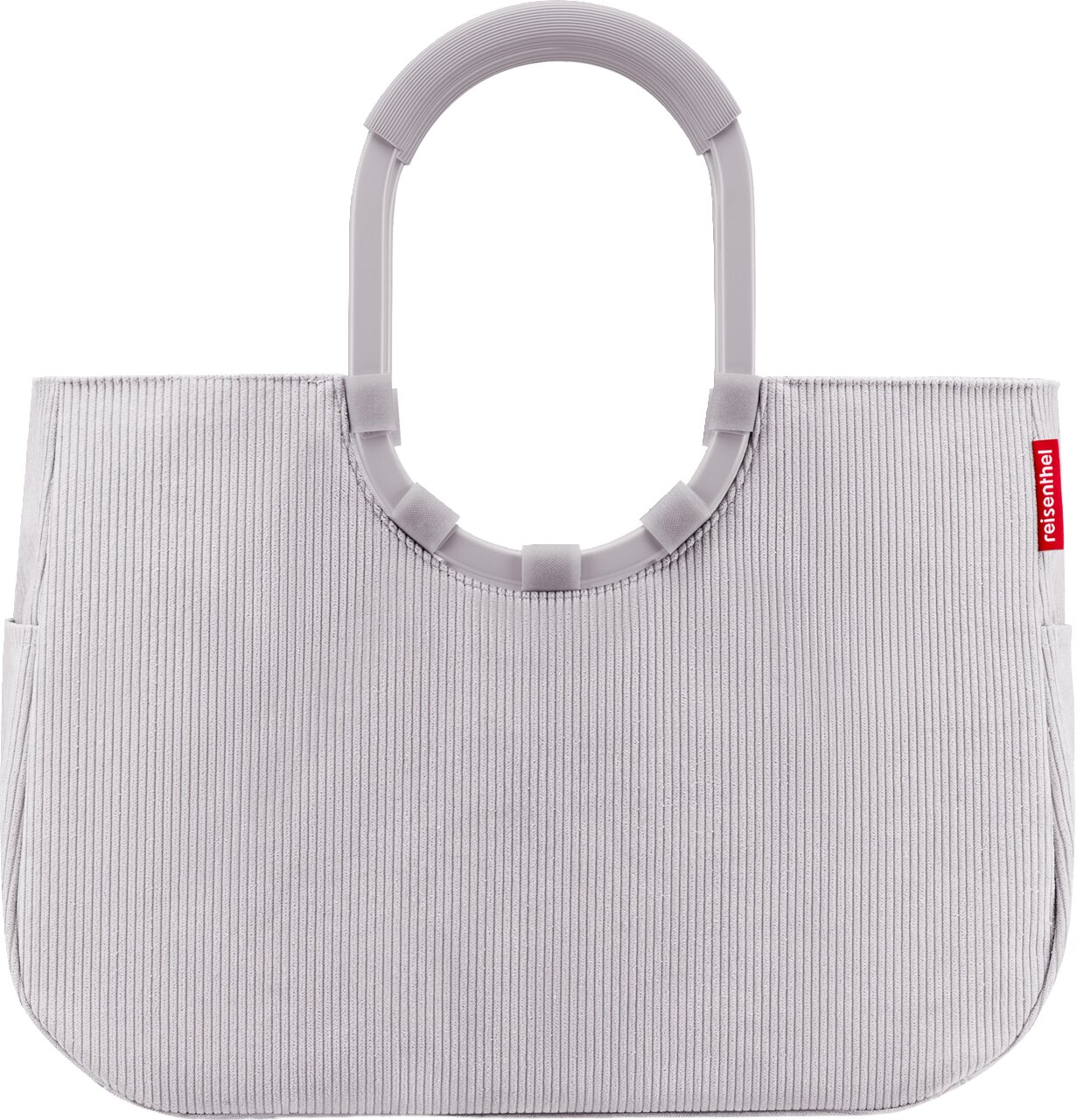 Hellgraue Reisenthel Handtasche/Shopper aus geripptem Stoff mit ovalen, grauen Tragegriffen und rotem Markenlabel, frontal in Vorderansicht vor weißem Hintergrund