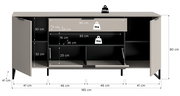 Offenes Sideboard/TV-Lowboard in Grau mit schwarzen Füßen, Frontansicht: zwei seitliche Türen und mittlere Klappe geöffnet, oben Schublade; Maßangaben 185×80×41 cm sowie Innenmaße und Belastbarkeit (Deckplatte 20 kg, Schublade/Fach je 5 kg) eingezeichnet.