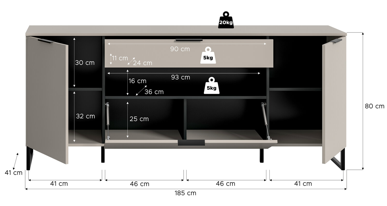 Offenes Sideboard/TV-Lowboard in Grau mit schwarzen Füßen, Frontansicht: zwei seitliche Türen und mittlere Klappe geöffnet, oben Schublade; Maßangaben 185×80×41 cm sowie Innenmaße und Belastbarkeit (Deckplatte 20 kg, Schublade/Fach je 5 kg) eingezeichnet.