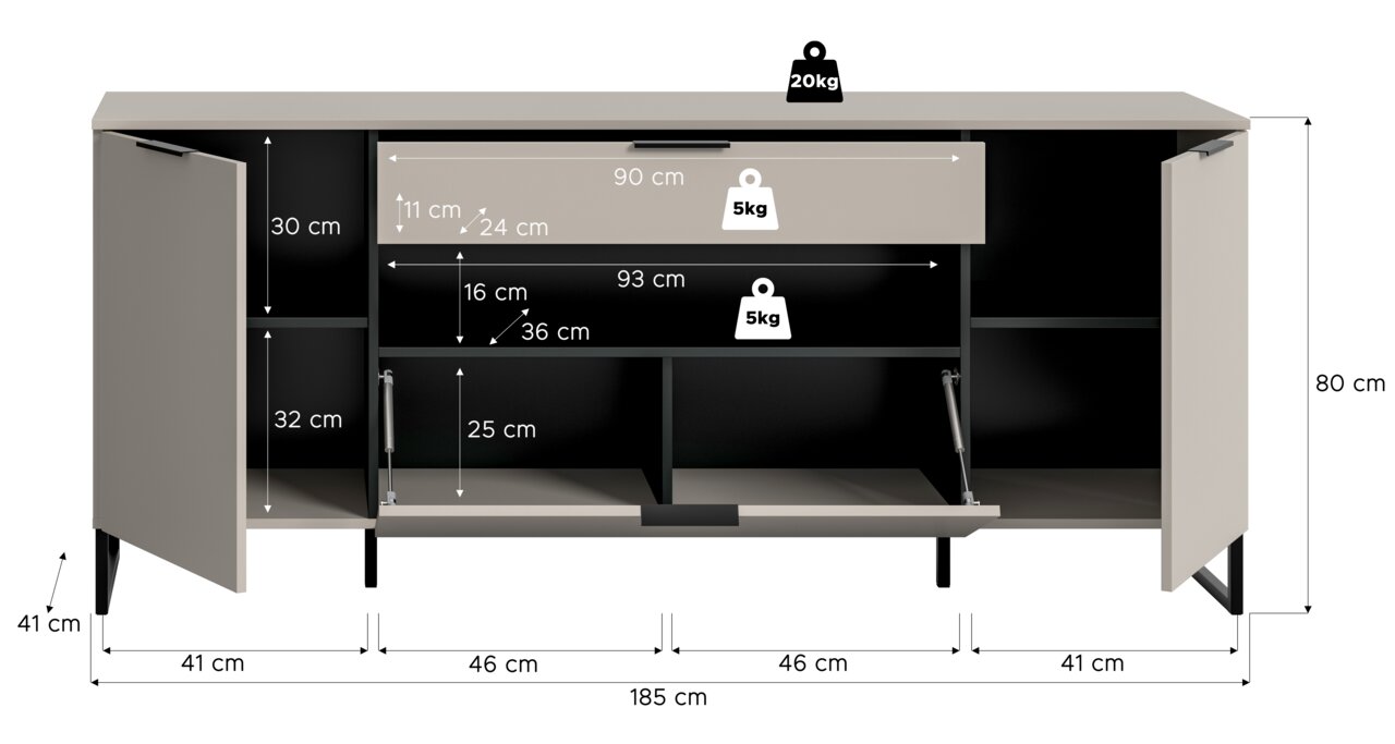 Offenes Sideboard/TV-Lowboard in Grau mit schwarzen Füßen, Frontansicht: zwei seitliche Türen und mittlere Klappe geöffnet, oben Schublade; Maßangaben 185×80×41 cm sowie Innenmaße und Belastbarkeit (Deckplatte 20 kg, Schublade/Fach je 5 kg) eingezeichnet.