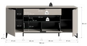 Offenes Sideboard/TV-Lowboard in Grau mit schwarzen Füßen, Frontansicht: zwei seitliche Türen und mittlere Klappe geöffnet, oben Schublade; Maßangaben 185×80×41 cm sowie Innenmaße und Belastbarkeit (Deckplatte 20 kg, Schublade/Fach je 5 kg) eingezeichnet.