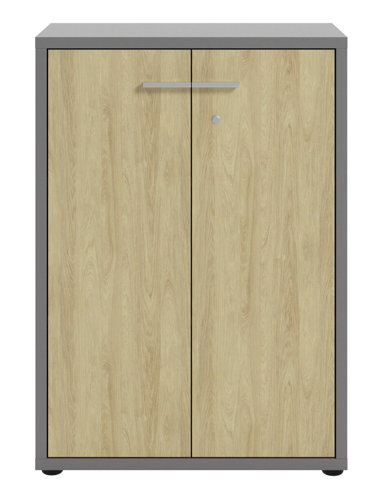 Aktenschrank mit Holzoptik und grauem Rahmen, Frontalansicht
