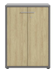 Aktenschrank mit Holzoptik und grauem Rahmen, Frontalansicht