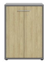 Aktenschrank mit Holzoptik und grauem Rahmen, Frontalansicht