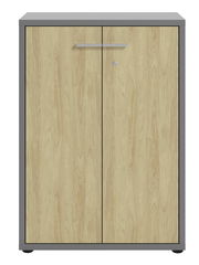 Aktenschrank mit Holzoptik und grauem Rahmen, Frontalansicht