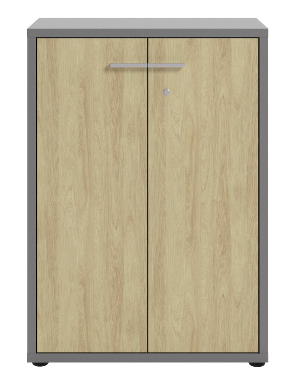 Aktenschrank mit Holzoptik und grauem Rahmen, Frontalansicht