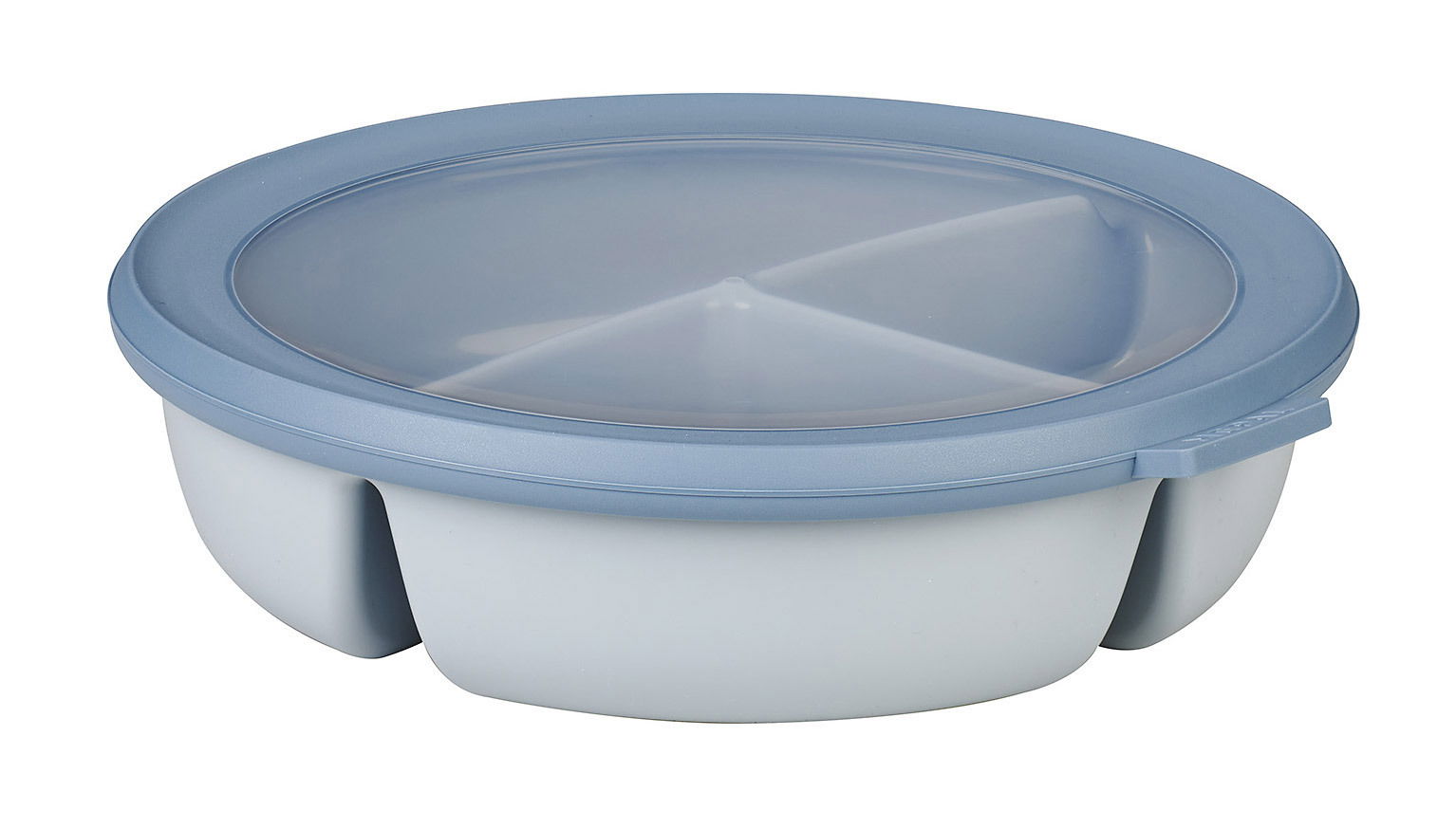 Mepal Bento Bowl Nordic blue CIRQULA Runde blaue Bento-Schüssel mit transparentem Deckel, seitliche Perspektive