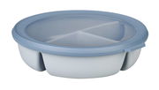 Runde blaue Bento-Schüssel mit transparentem Deckel, seitliche Perspektive
