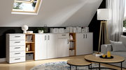 Moderne Wohnzimmermöbel mit weißen Schränken und Regalen, dekoriert mit Büchern und Pflanzen, in einem Raum mit Dachfenster und Stehlampe, seitliche Perspektive.