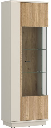 Moderne Vitrine mit Holz- und Glaselementen, seitliche Perspektive