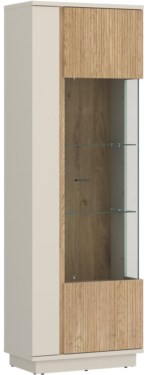 Moderne Vitrine mit Holz- und Glaselementen, seitliche Perspektive