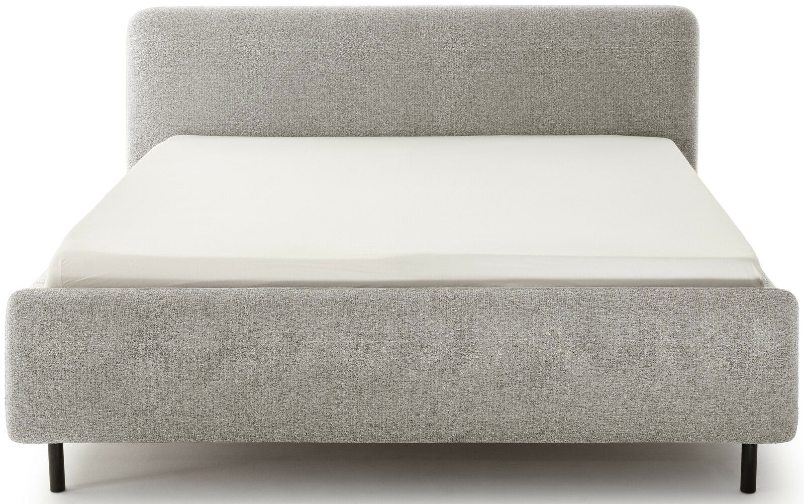 Graues Polsterbett in Frontalansicht mit schlichtem Design und schwarzem Gestell.