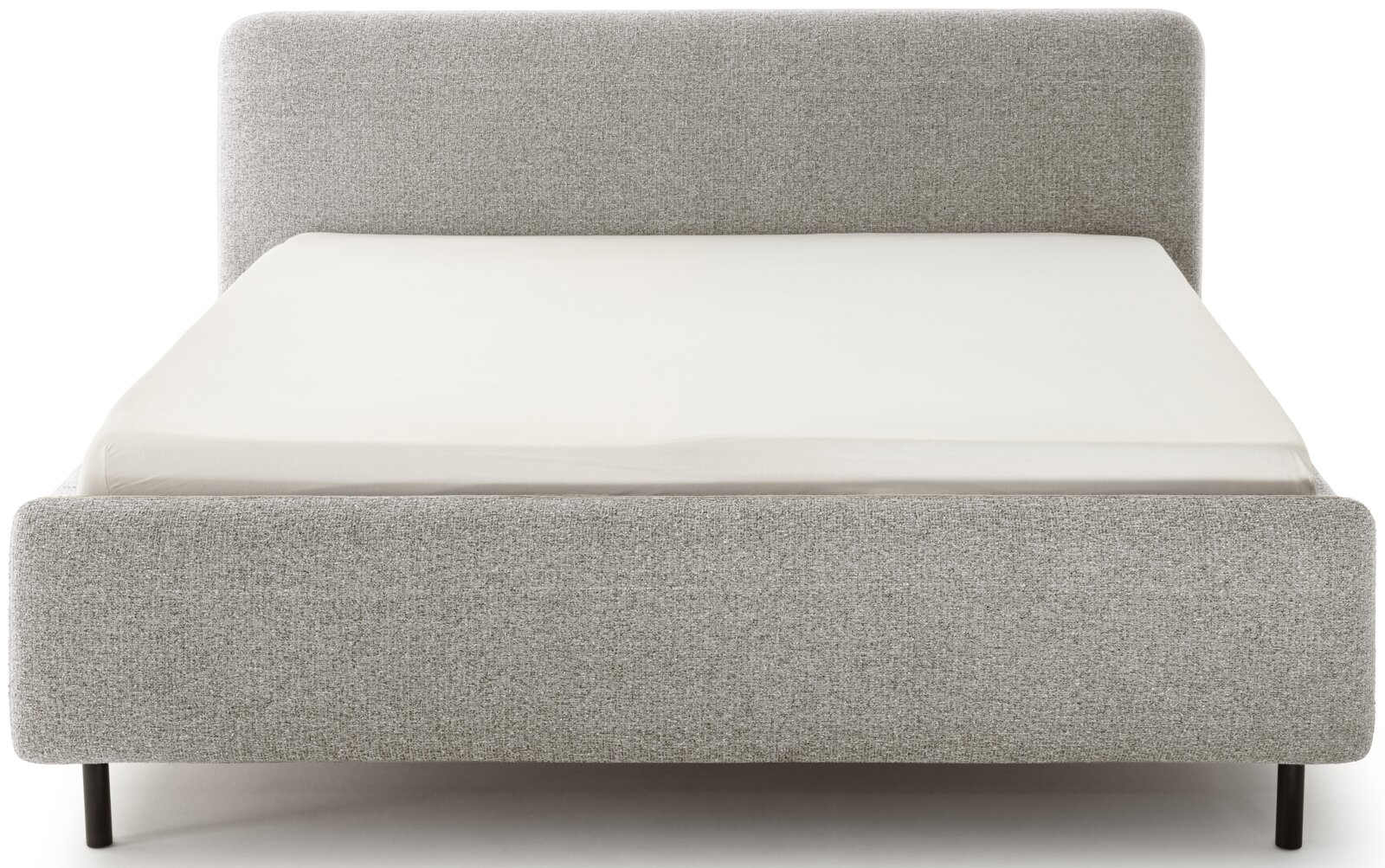 Grijs boxspringbed in vooraanzicht, met een strak ontwerp en een zwart frame.