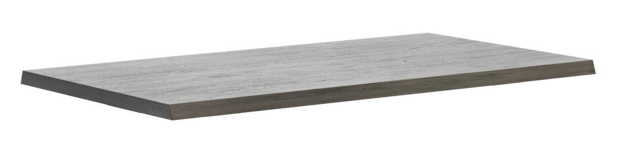 Graue Tischplatte mit Holzmaserung, seitliche Perspektive