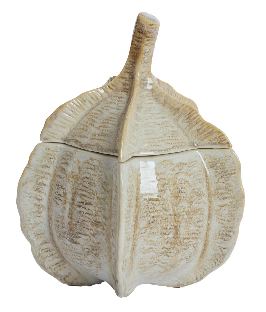 Keramische decoratieve doos in de vorm van een pompoen, gefotografeerd vanuit een zijaanzicht.