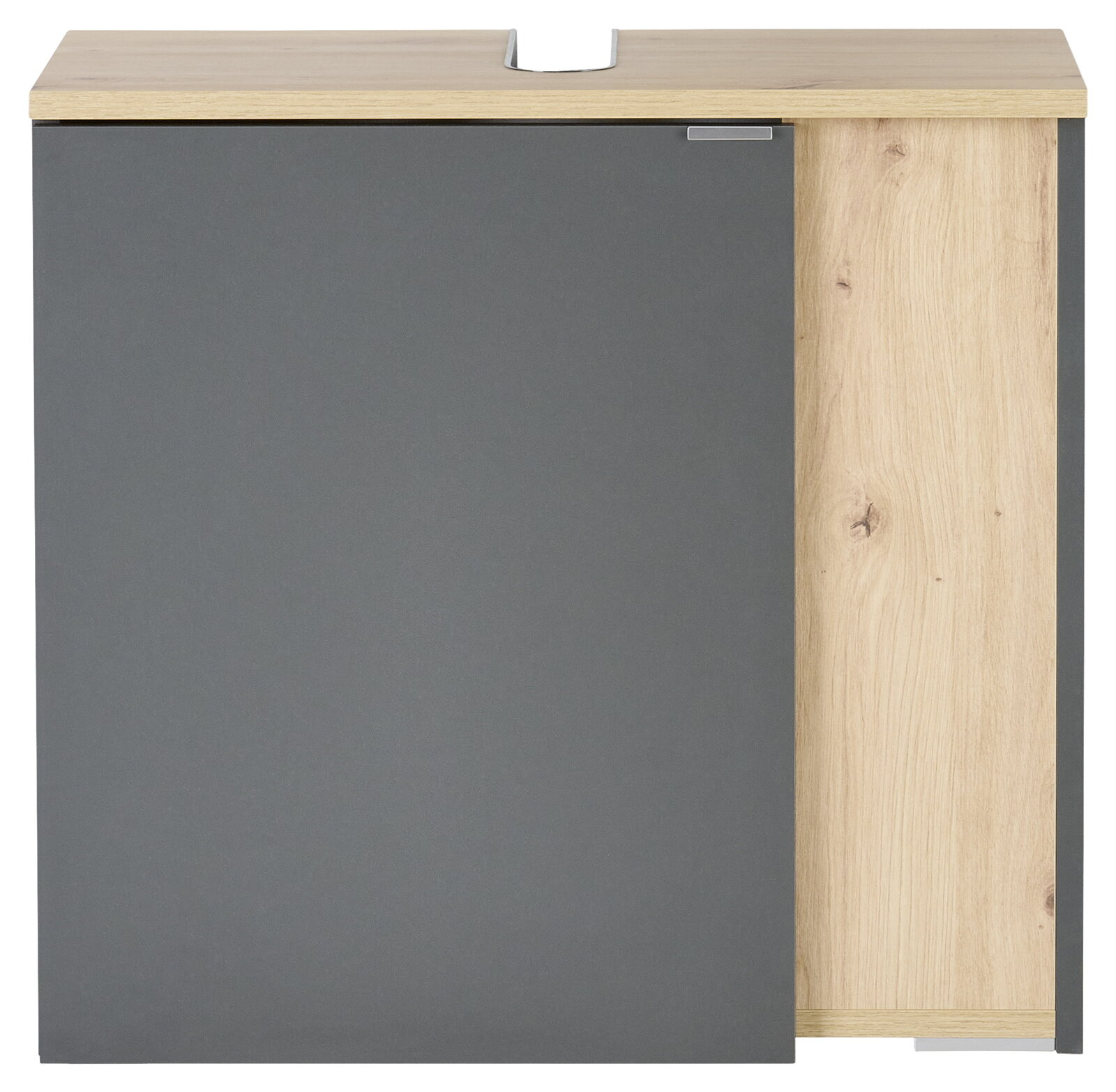 Stylife Waschbeckenunterschrank PALIUM Frontansicht eines modernen Waschbeckenunterschranks mit grauer und holzfarbener Oberfläche.