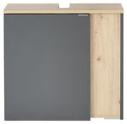 Frontansicht eines modernen Waschbeckenunterschranks mit grauer und holzfarbener Oberfläche.