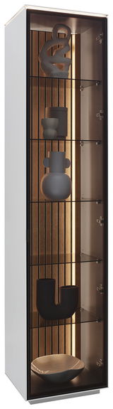 Vitrine mit Glasregalen und dekorativen Objekten, seitliche Perspektive