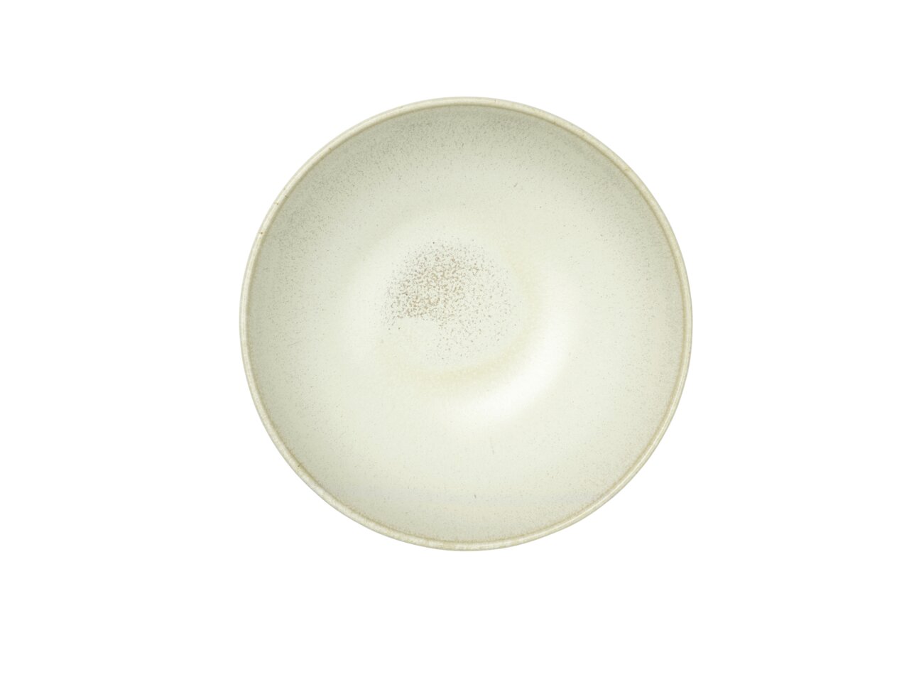 Ansicht von oben auf einen cremefarbenen Teller mit leicht gesprenkeltem Design.