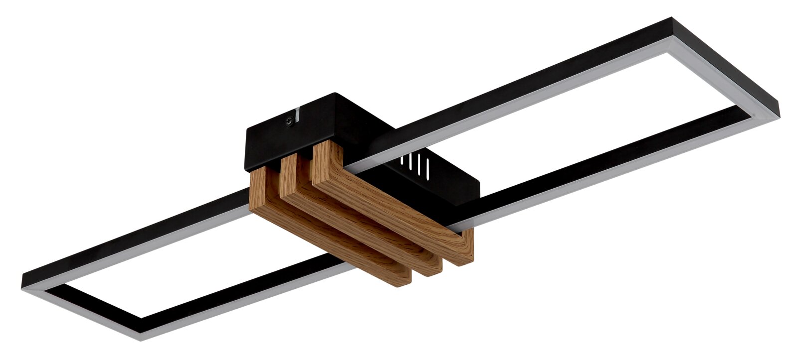 Moderne plafondlamp met een rechthoekig, zwart frame en houten elementen, zijaanzicht