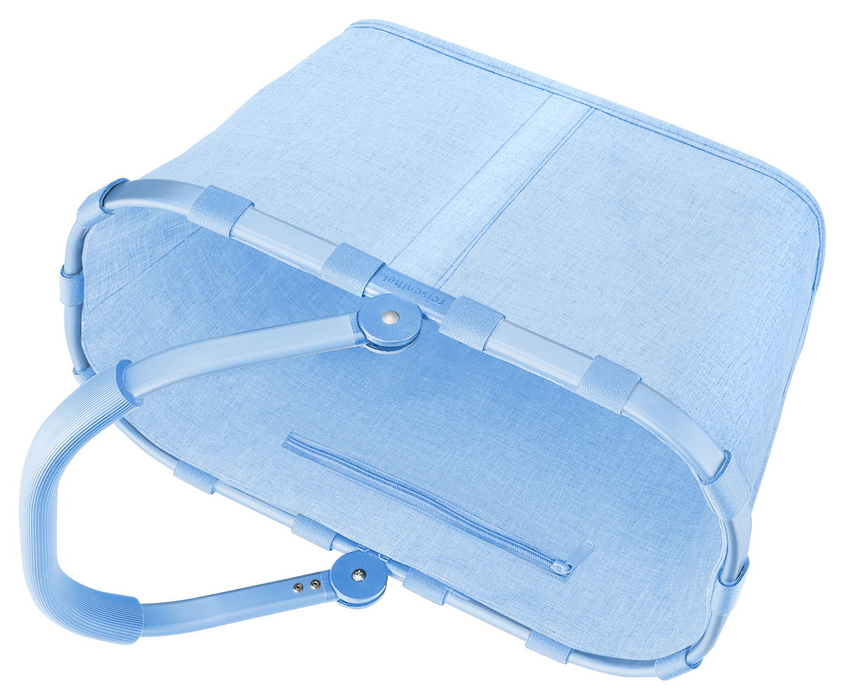 Hellblauer Einkaufskorb mit stabilem Rahmen und Tragegriff, Ansicht von oben.