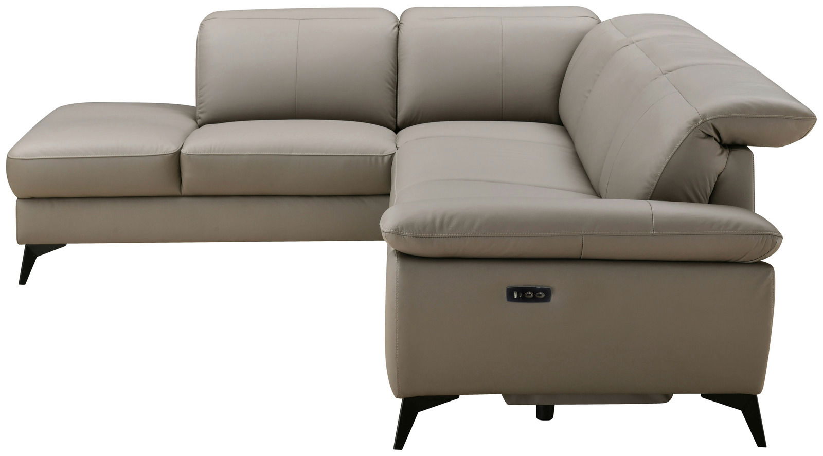 Moderne Eckgarnitur in hellgrauem Leder mit linker Ecke und rechtem Zweisitzer, seitliche Perspektive