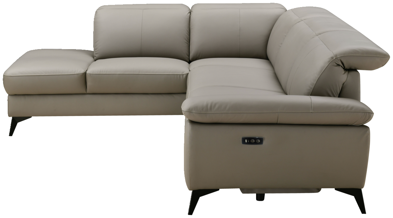 Moderne Eckgarnitur in hellgrauem Leder mit linker Ecke und rechtem Zweisitzer, seitliche Perspektive