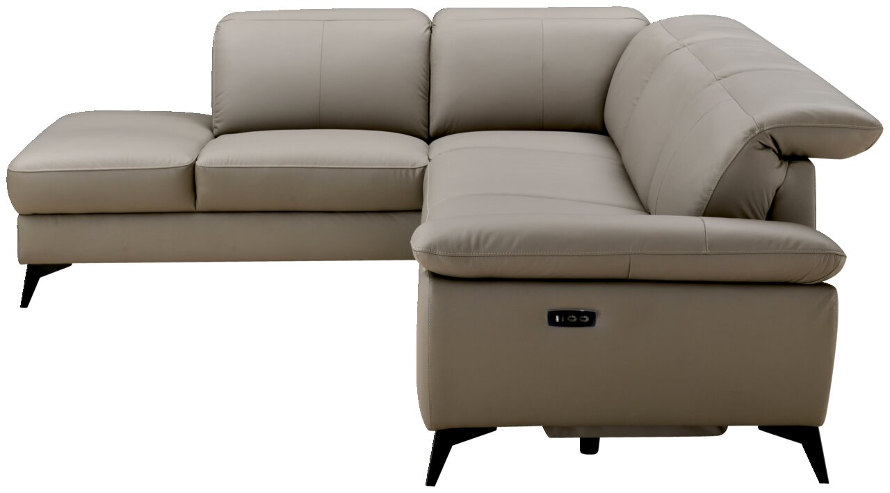 Moderne Eckgarnitur in hellgrauem Leder mit linker Ecke und rechtem Zweisitzer, seitliche Perspektive