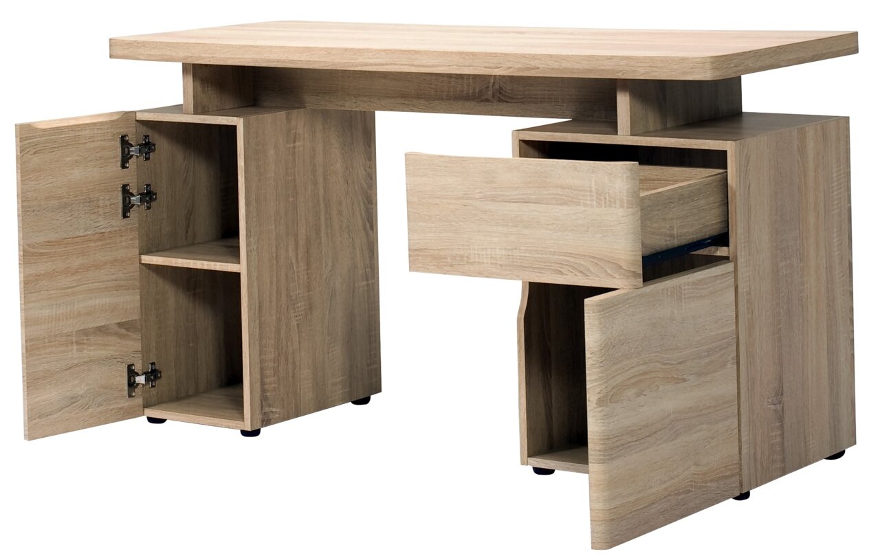 Schreibtisch aus Holz mit geöffneter Schublade und Türen, seitliche Perspektive