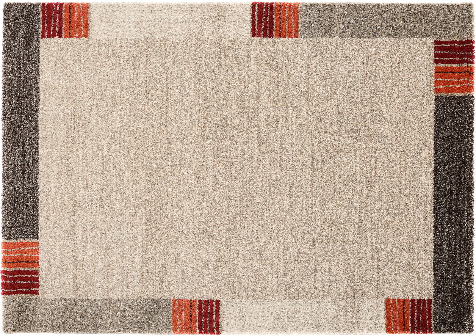 Frisé-Teppich in quadratischer Form mit beigem Grundton und farbigen Akzenten in Rot und Grau an den Ecken, aus der Vogelperspektive.