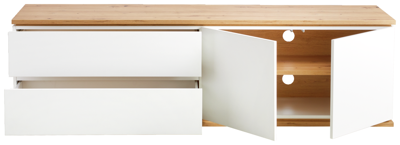 Frontansicht des XORA TV-Lowboards YAMAEL mit zwei offenen Schubladen und zwei offenen Türen, Holzoberfläche und weißem Korpus.