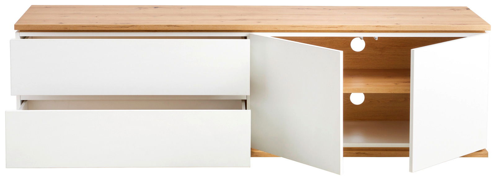 Frontansicht des XORA TV-Lowboards YAMAEL mit zwei offenen Schubladen und zwei offenen Türen, Holzoberfläche und weißem Korpus.