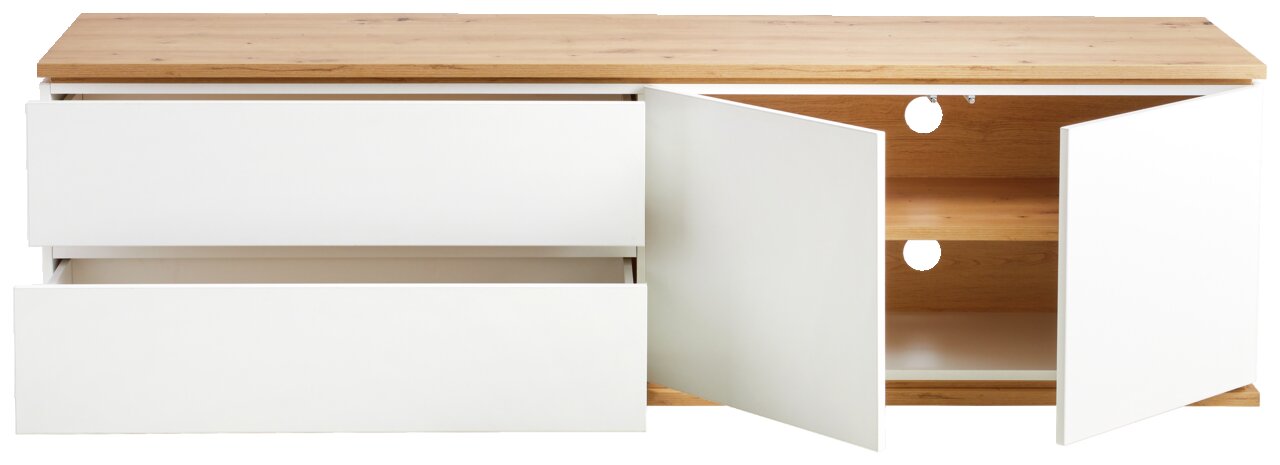 Vooraanzicht van het XORA TV-lowboard YAMAEL met twee open lades en twee open deuren, houten afwerking en een witte romp.