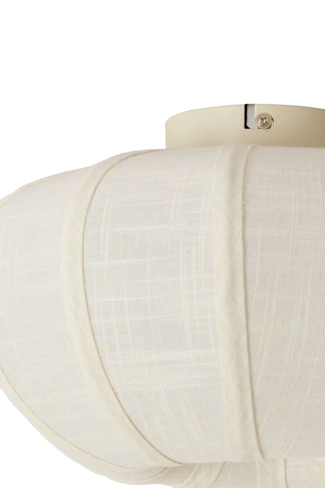 Frontale Nahaufnahme eines cremeweißen, strukturierten Bustier-Tops in Leinenoptik auf einer Schneiderpuppe, mit geformten Cups und sichtbaren Teilungsnähten