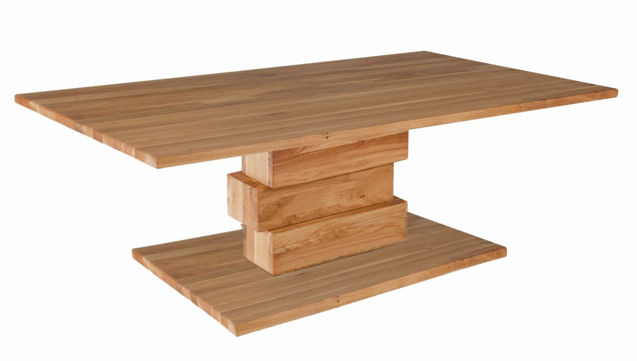Moderne houten salontafel met rechthoekig tafelblad en stevig, getrapt onderstel, gezien vanaf de zijkant.