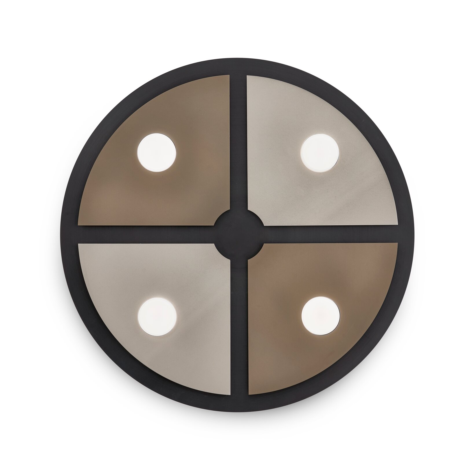 Runde Design-Deckenleuchte mit schwarzem Rahmen, vier kontrastierenden Segmenten in Grau und Taupe sowie vier Lichtpunkten, frontal von unten dargestellt