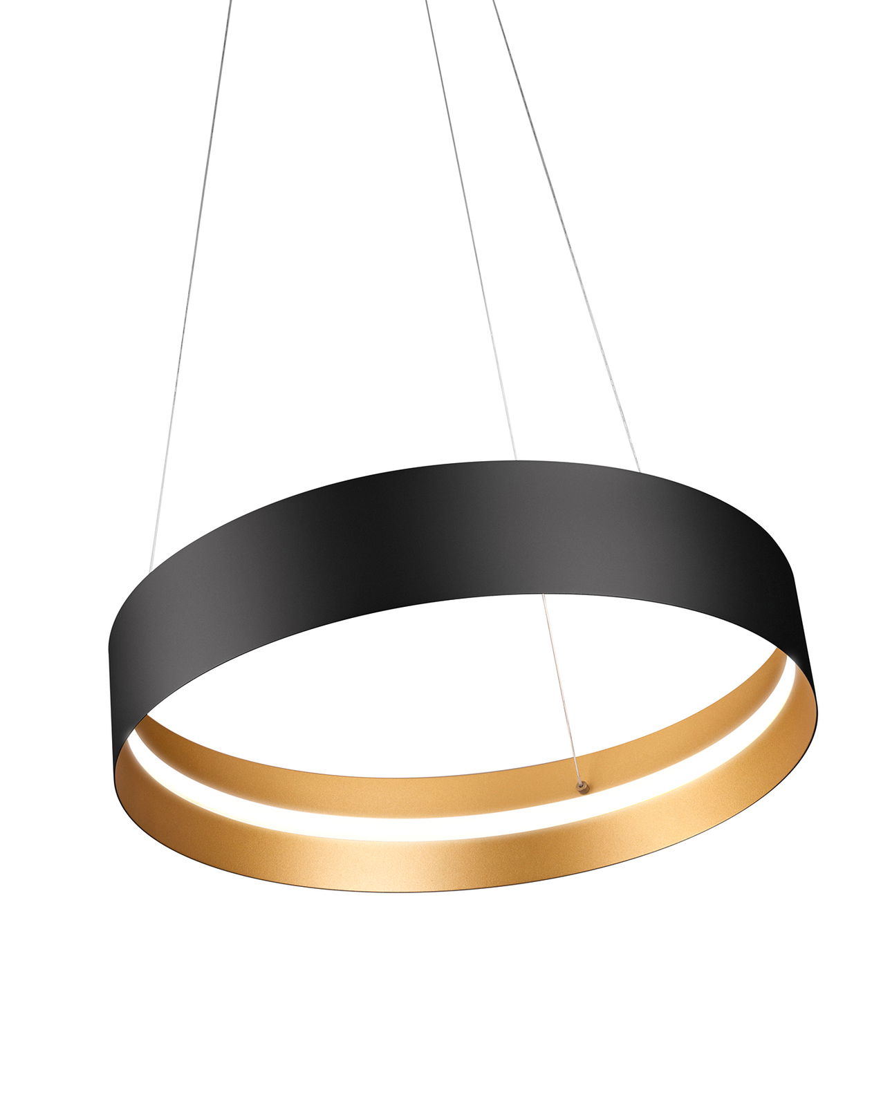 Moderne Pendelleuchte LOOP in Schwarz und Gold, seitliche Perspektive