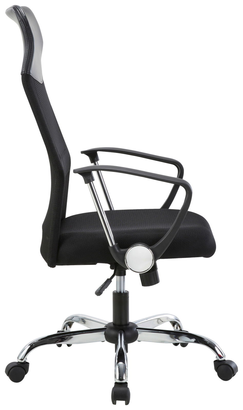 Moderner schwarzer Drehstuhl mit Netzrückenlehne und Armlehnen, seitliche Perspektive