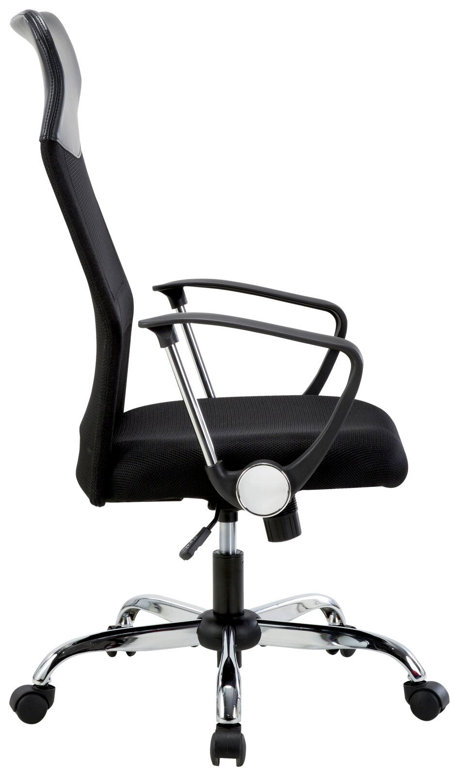 Moderner schwarzer Drehstuhl mit Netzrückenlehne und Armlehnen, seitliche Perspektive