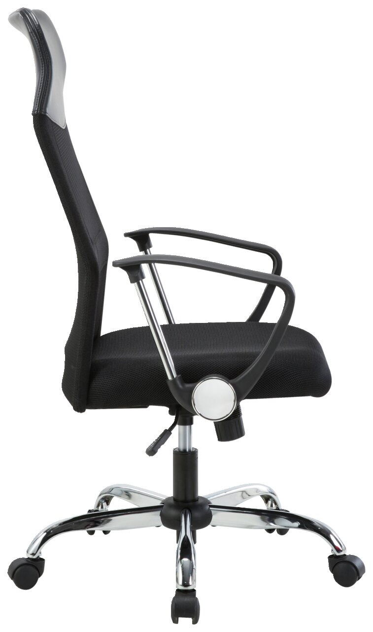 Moderner schwarzer Drehstuhl mit Netzrückenlehne und Armlehnen, seitliche Perspektive