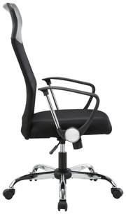 Moderner schwarzer Drehstuhl mit Netzrückenlehne und Armlehnen, seitliche Perspektive