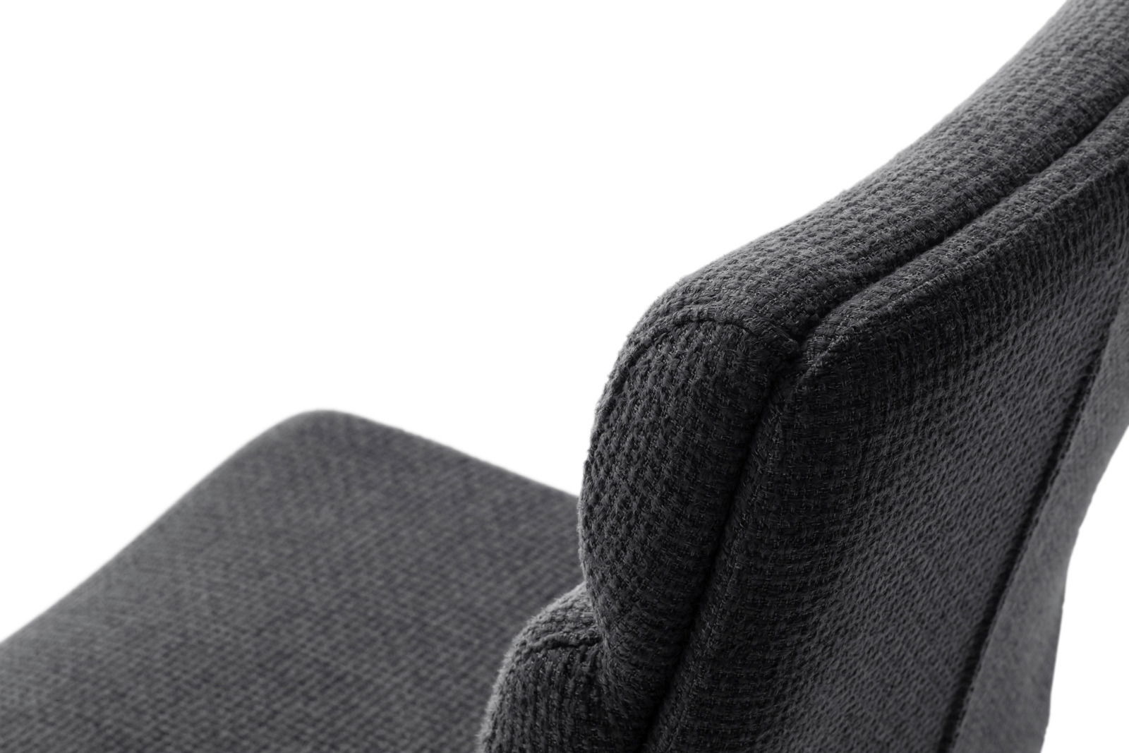 Nahaufnahme eines grauen Barstuhls mit texturierter Stoffoberfläche, seitliche Perspektive auf die Rückenlehne.