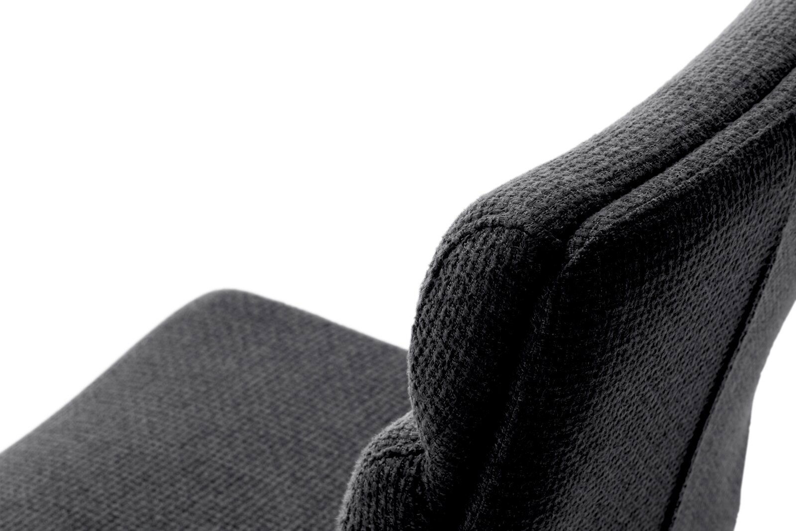 Nahaufnahme eines grauen Barstuhls mit texturierter Stoffoberfläche, seitliche Perspektive auf die Rückenlehne.