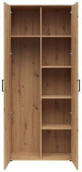 Offener Mehrzweck-Vorratsschrank aus Holz mit mehreren Regalböden, frontale Ansicht.