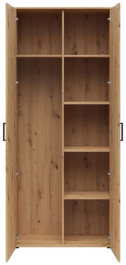 Offener Mehrzweck-Vorratsschrank aus Holz mit mehreren Regalböden, frontale Ansicht.