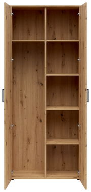 Offener Mehrzweck-Vorratsschrank aus Holz mit mehreren Regalböden, frontale Ansicht.