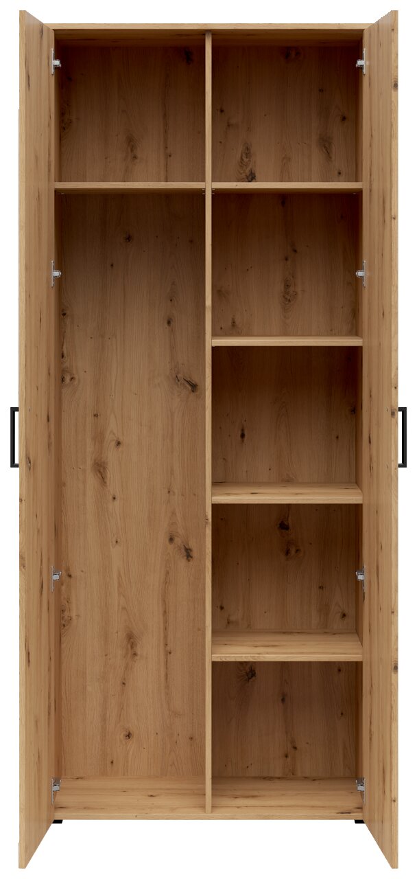 Offener Mehrzweck-Vorratsschrank aus Holz mit mehreren Regalböden, frontale Ansicht.