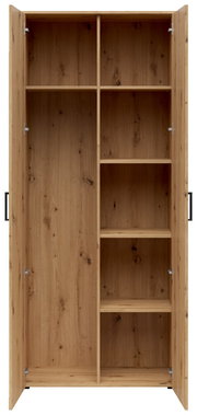 Offener Mehrzweck-Vorratsschrank aus Holz mit mehreren Regalböden, frontale Ansicht.